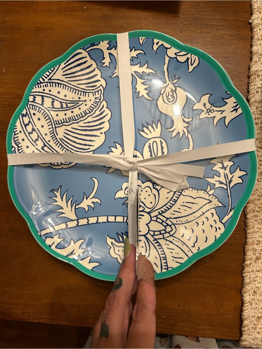 Roller Rabbit Blue and White Scalloped Floral Serving Plates with Green Rim